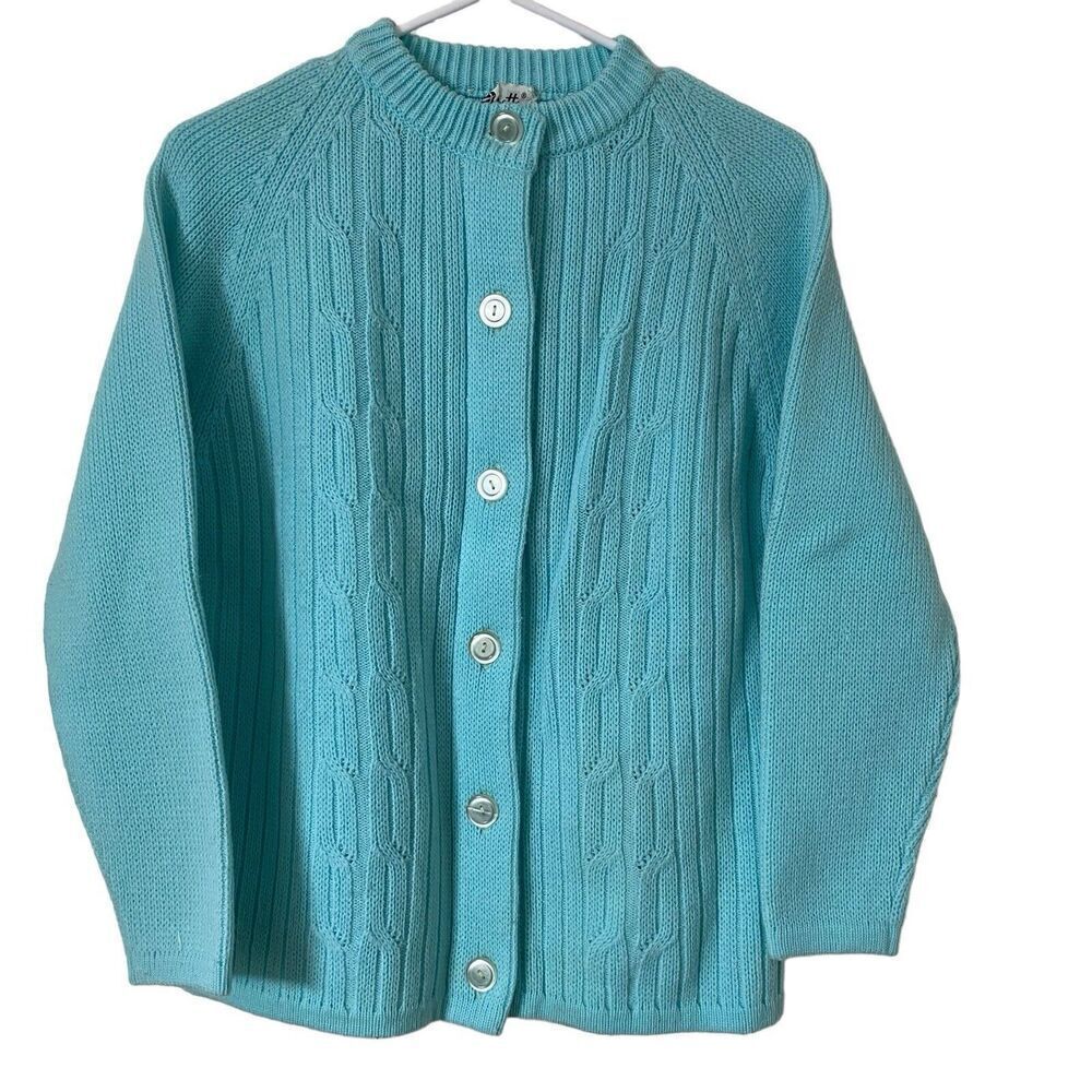 Vintage 70's Dorette Cardigan Sweater Womens Large Blue Cable Knit Crew Neck